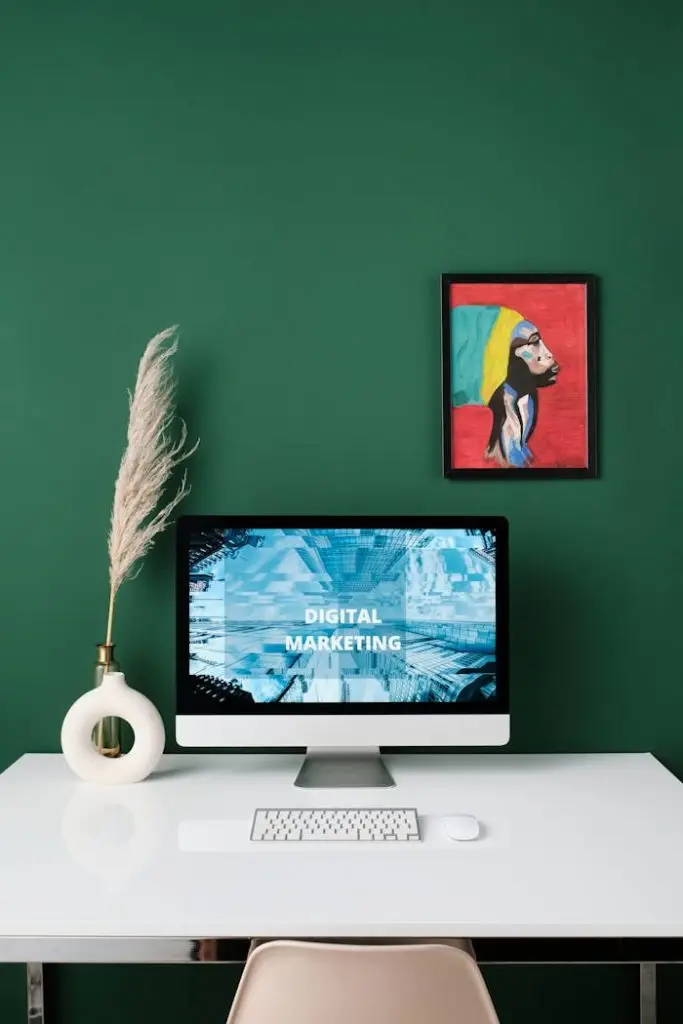 A sleek modern workspace featuring digital marketing concepts on a computer screen and artistic decorations.